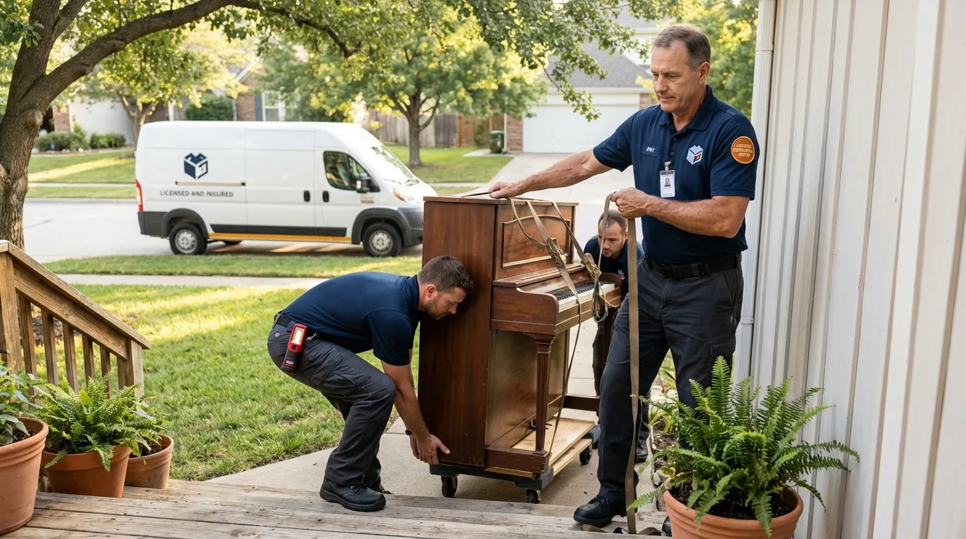 Licensed piano movers securing grand piano in Hamilton, MT