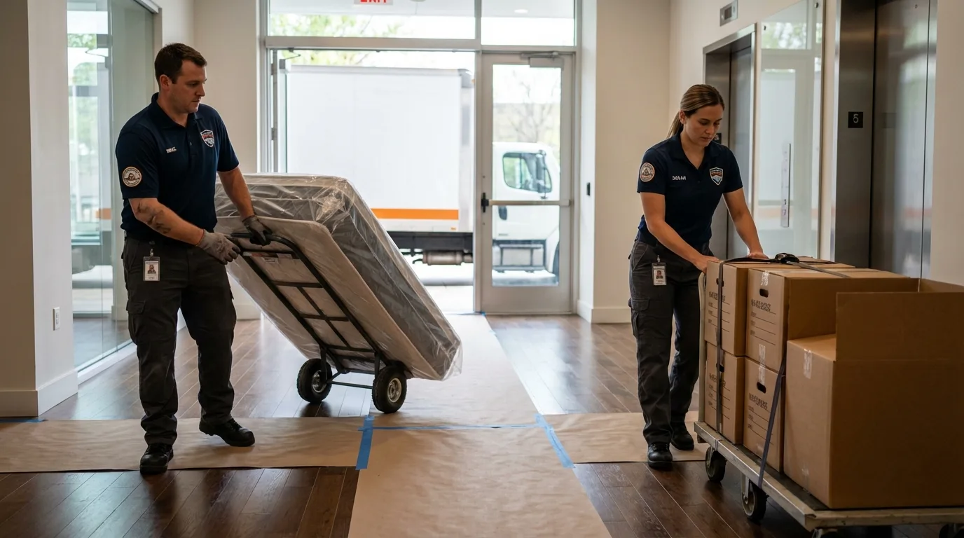 Professional apartment movers loading elevator in Hamilton, MT